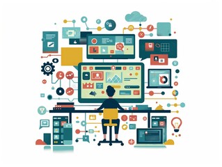 Illustrated person at a workstation surrounded by a vibrant array of digital icons and interfaces representing productivity and technology.