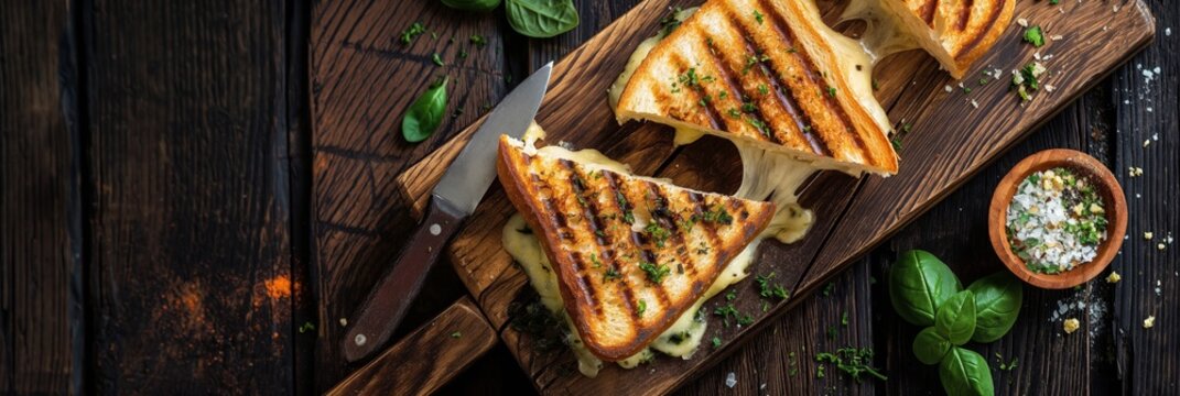 Delicious grilled cheese sandwich with a perfect golden brown crust, served on a rustic wooden board with fresh herbs