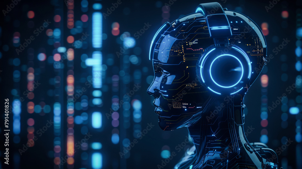 Poster an artificial intelligence robot with headphones and colorful glowing elements on a dark background