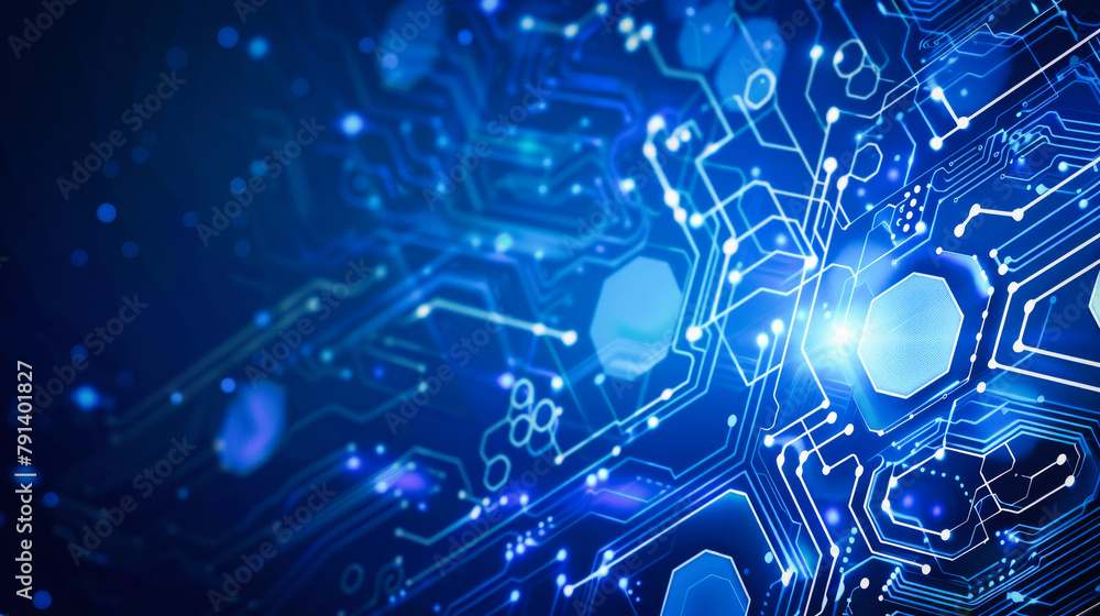 Poster a blue abstract technology background with white hexagon and circuit lines