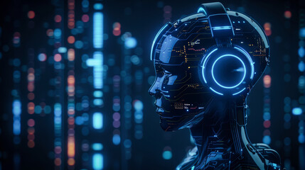 An artificial intelligence robot with headphones and colorful glowing elements on a dark background