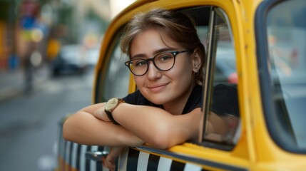 Woman Smiling in Yellow Taxi