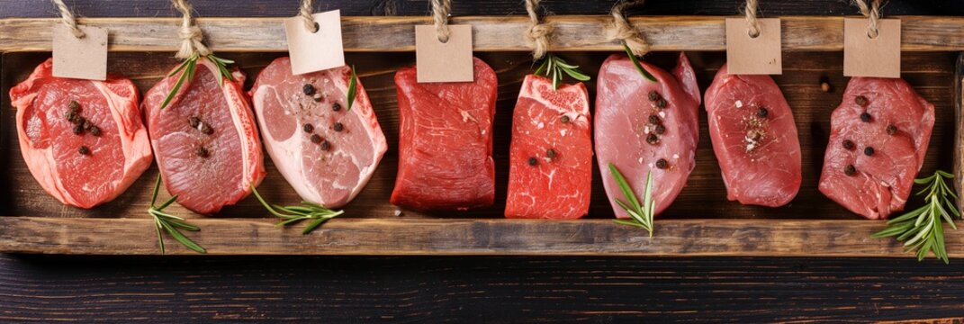 Assorted selection of raw meat cuts each with a sprinkle of herbs and spices, presented on a wooden surface with rustic appeal
