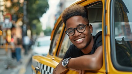 A Smiling Man in Yellow Taxi