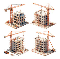 Multi storey house construction isometric vector collection. Crane bulldozer excavator caterpillar technology concrete foundation panel block concepts isolated on white background