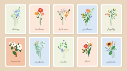 Gartenposter Floral card backgrounds set. Delicate spring flowers. summer wildflowers. Botanical framed poster design. Gentle blooms, blossomed flora, vertical postcards. Modern natural flat vector illustration © Good Studio