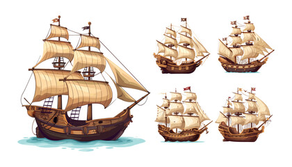 Pirate ships cartoon vector set. Sailing marine galleon caravel corvette combat medieval ocean transport sea hunters robbers bandits, highlighted illustrations on white background