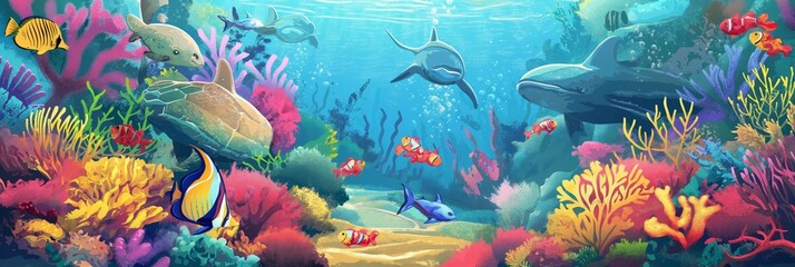 A vibrant and dynamic illustration of undersea life featuring aquatic animals and coral reefs in a lively ocean scene