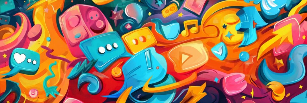 Vibrant artwork filled with social media icons, expressions, and playful abstract shapes