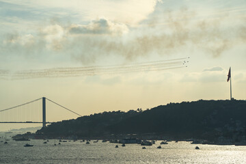 Warplane Demonstrations in the Bosphorus on October 29 Republic Day Drone Photo, Uskudar Istanbul,...