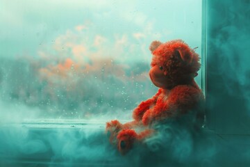 Teddy bear sitting on the windowsill in the rain,  Toned