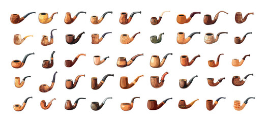 Smoking pipes cartoon vector set. Tobacco round conical cylindrical diplomat zulu horn brandy dublin bulldog canadian models, aristocratic smokers accessories highlighted illustrations on white