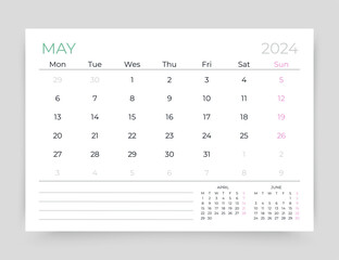 May 2024 calendar. Planner calender template. Week starts Monday. Monthly organizer. Desk corporate diary. Timetable layout. Table schedule grid. Vector simple illustration. Paper size A5