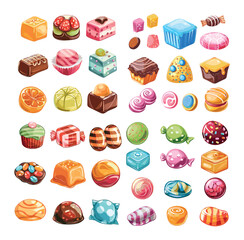 Sweet candy cartoon big vector pack. Goodies caramel nougat fruit nut chewing chocolate honey fondant creamy montpellier illustrations isolated on white background