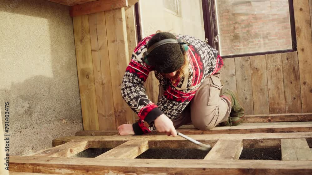 Poster man with hammer installing wooden rack inside greenhouse. static shot