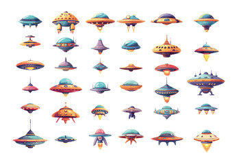 Ufo flying ships cartoon vector collection. Spaceships saucer starships spacecraft alien invaders galactic transport carriers, illustrations highlighted on white background