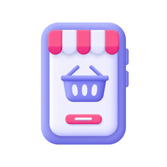 Smartphone with shopping basket or cart on phone screen. Order products from a smartphone application. Delivery, online store and online shopping concept. 3d vector icon. Cartoon minimal style.
