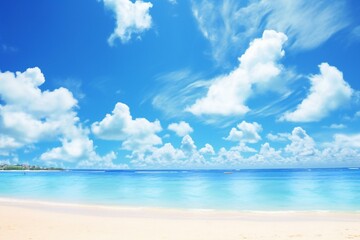 Tropical beach under blue sky with white clouds, summer vacation background