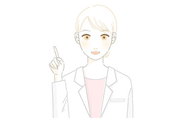 指さししている白衣を着た女性医師（聴診器なし）
