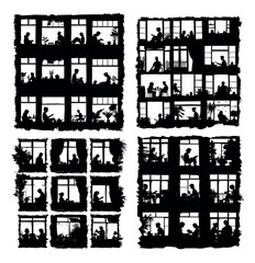 Windows neighbors black silhouettes vector set. Men women relax eat read multi storey building living apartments indoor plants shadow icon characters, illustrations highlighted on white background