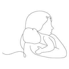 Continuous one line drawing of newborn baby sleeping on mother hands. Mother and baby line art style of vector illustration,