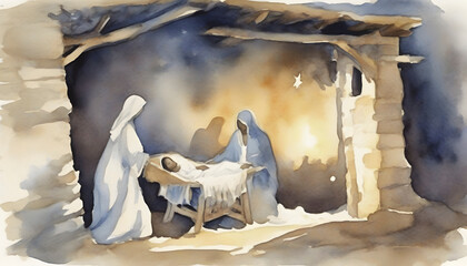 Watercolor painting of the Birth of Jesus Christ at Bethlehem.