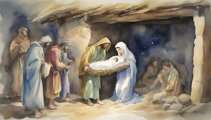 Watercolor painting of the Birth of Jesus Christ at Bethlehem. - obrazy, fototapety, plakaty