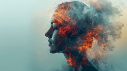 A woman's face is distorted by fire, with smoke surrounding her