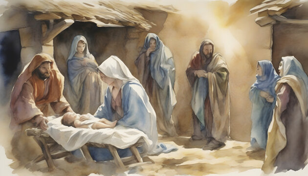 Watercolor painting of the Birth of Jesus Christ at Bethlehem.