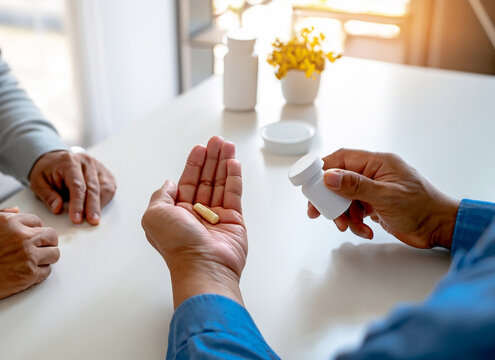 Elderly man hold a pill on hand pouring capsules from medication bottle plastic,  healthcare, treatment , therapy concept, consulation at clinic or hospital,