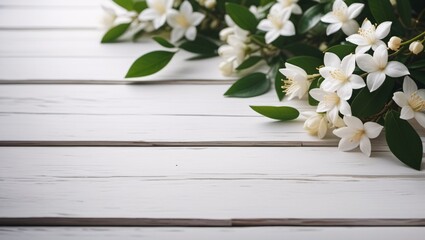 rustic white wooden table texture top view with jasmine flowers, copy space topview