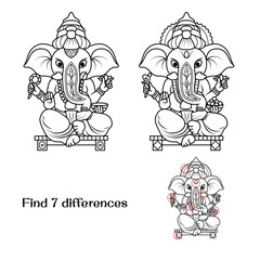 Lord Ganesha statue. Indian mythology. Find 7 differences. Tasks for children. Vector illustration