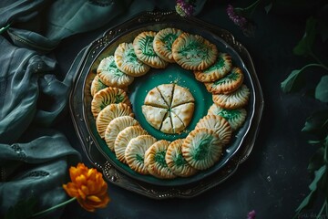 Cookies with green and white filling on a dark background,  tinting,  selective focus