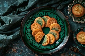 Biscuits with butter cream in green plate on turquoise background - obrazy, fototapety, plakaty