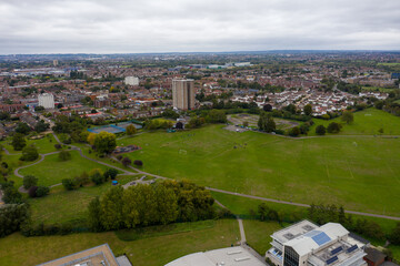 Aerial photo of the town of Dagenham, a district and suburban town in East London, England showing a typical British housing estates from above