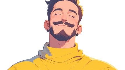 Obraz premium A cheerful young man with a smiling avatar is depicted sporting a brown beard mustache and hair dressed in a vibrant yellow sweater or sweatshirt in a cartoon 2d illustration of a character 