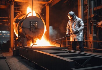 Steelmaker wearing protective clothe at ingot casting. Electric arc furnace shop. Metallurgy. steelmaker pours pig iron. Manufacturing steel works. Generative Ai - obrazy, fototapety, plakaty