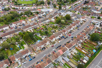 Aerial photo of the town of Dagenham, a district and suburban town in East London, England showing a typical British housing estates from above