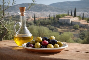Ceramic plate full of selected olives and glass carafe of olive oil stand on rustic wooden table. Greek landscape in background. Concept of organic products and Mediterranean diet. Generation Ai