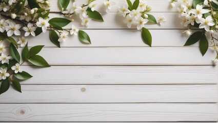 rustic white wooden table texture top view with jasmine flowers, copy space topview