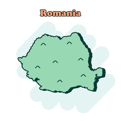 Romania cartoon colored map icon in comic style. Country sign illustration pictogram. Nation geography comic  concept.	
