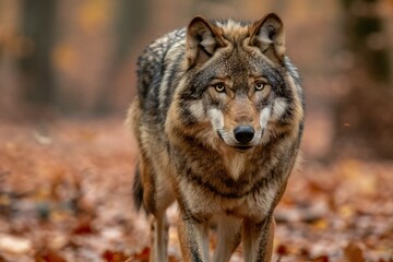 Naklejka na ściany i meble Grey wolf, Canis lupus, in the autumn forest