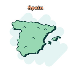 Spain cartoon colored map icon in comic style. Country sign illustration pictogram. Nation geography comic  concept.	
