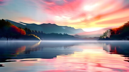serene lake with reflections on the surface replaced with shimmering digital patterns