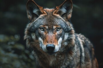 Naklejka na ściany i meble Close-up portrait of a wolf in the forest, Wildlife scene from nature