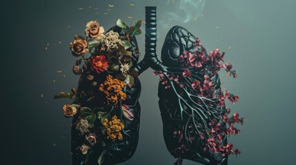 Conceptual still life of human lungs with flowers and smoke. World No Tobacco Day