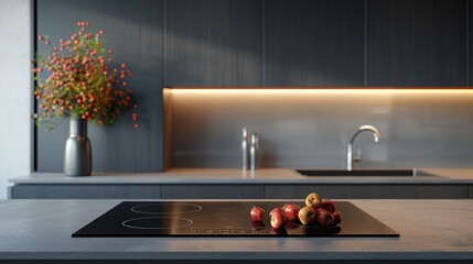 Modern kitchen interior design with granite countertop Digital composite on induction hob in modern...