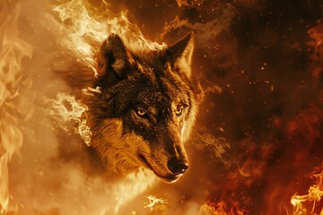 Wolf in the fire,  Fire in the form of a wolf - obrazy, fototapety, plakaty