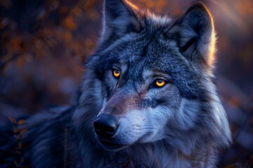 Close-up portrait of a wolf in the forest,  Wildlife scene from nature