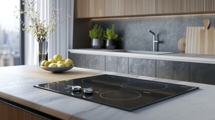 Modern kitchen interior design with granite countertop Digital composite on induction hob in modern kitchen